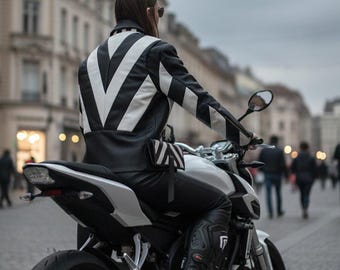Chevron Leather Biker Jacket | Black & White Motorcycle Jacket