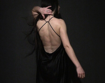 Black satin slip dress with silk lining | Low back dress