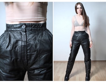Patchwork leather pants / High waisted pleated leather trousers 80s Vintage