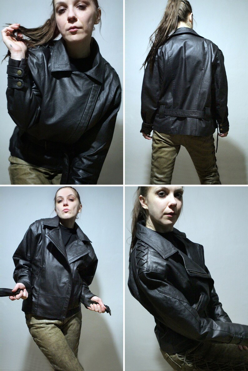 90s vintage black leather motorcycle jacket with lace up leather pants