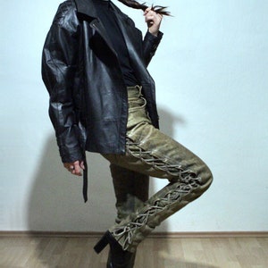 90s vintage black leather motorcycle jacket with lace up leather pants