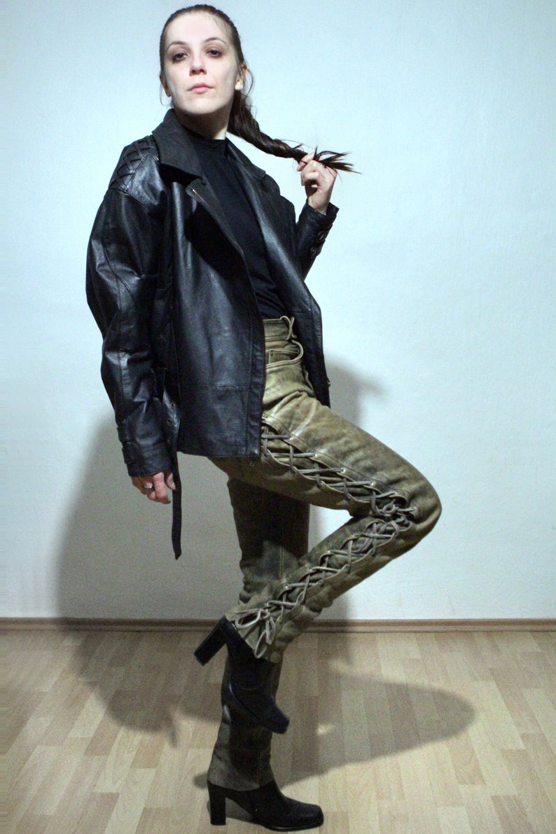 90s vintage black leather motorcycle jacket with lace up leather pants