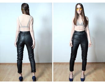 90s Vintage Black Leather Trousers: High Waist Straight Leg Pants