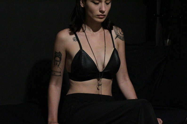 Leather bralette / Black lingerie / Leather triangle bra image 1