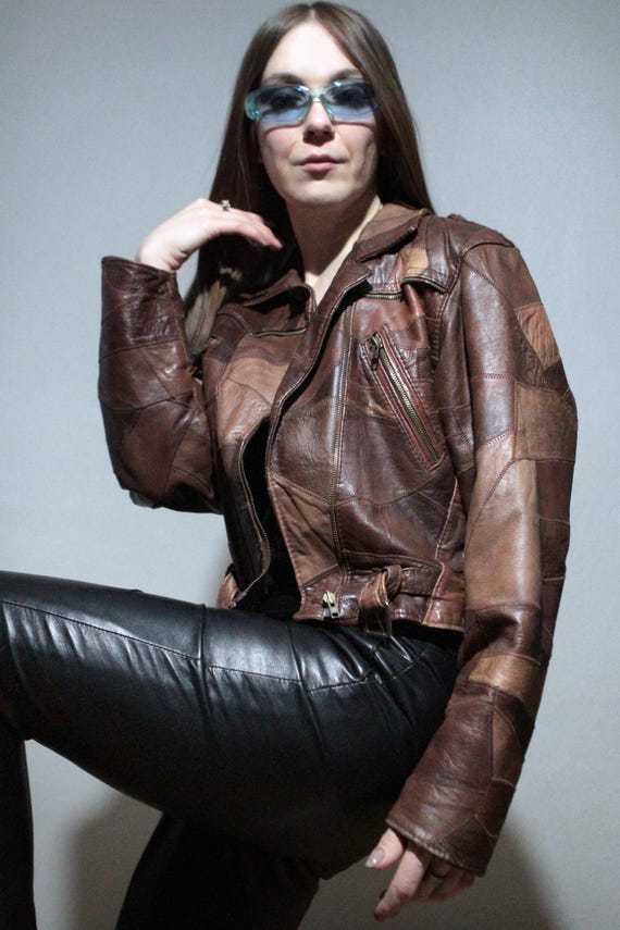 Cropped brown patchwork leather jacket / Vintage … - image 10
