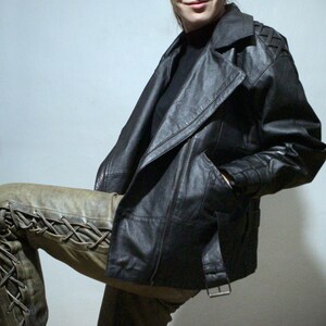 90s vintage black leather motorcycle jacket with lace up leather pants