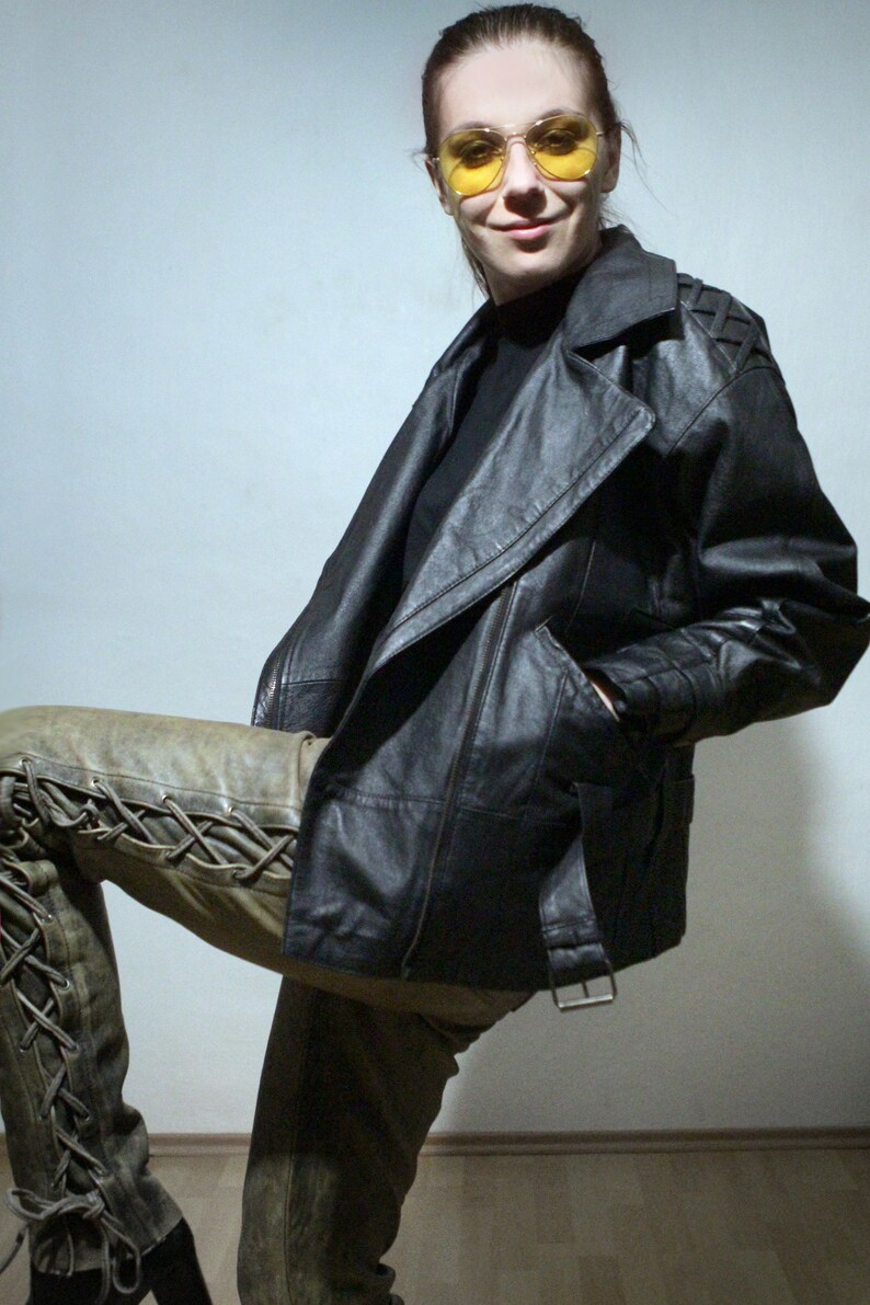 90s vintage black leather motorcycle jacket with lace up leather pants