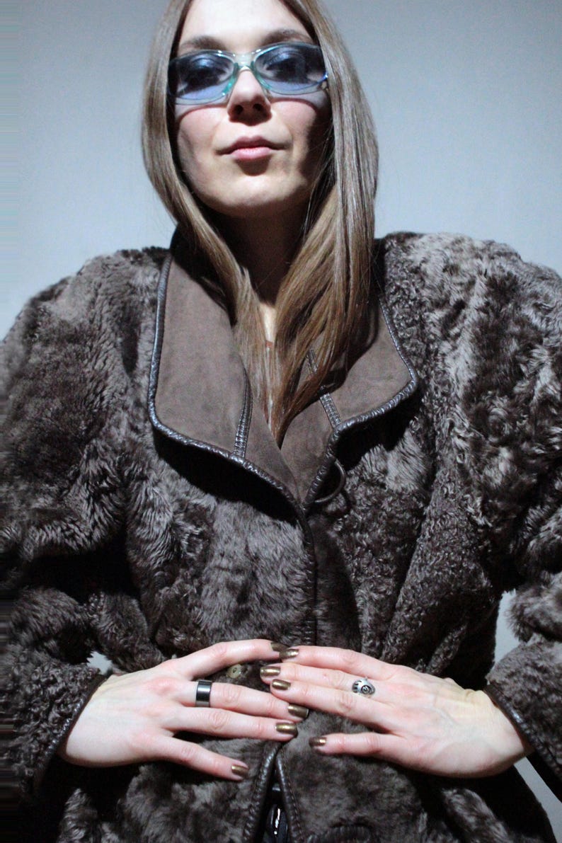 reversible brown sheepskin coat with real shearling teddy bear fur
