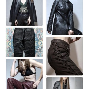 May include: A collection of leather garments including black coats, black trousers with back pockets, dark brown trousers with side lace-up detailing, a black bralette, and burgundy trousers, showcasing various textures and cuts of leather apparel.