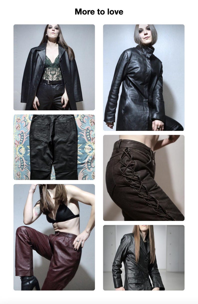May include: A collection of leather garments including black coats, black trousers with back pockets, dark brown trousers with side lace-up detailing, a black bralette, and burgundy trousers, showcasing various textures and cuts of leather apparel.