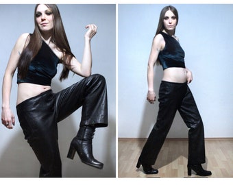 Low rise leather pants / Floral embossed leather trousers / Wide leg pants