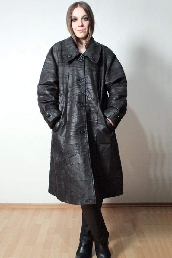 Patchwork leather coat / Dark brown leather maxi … - image 6