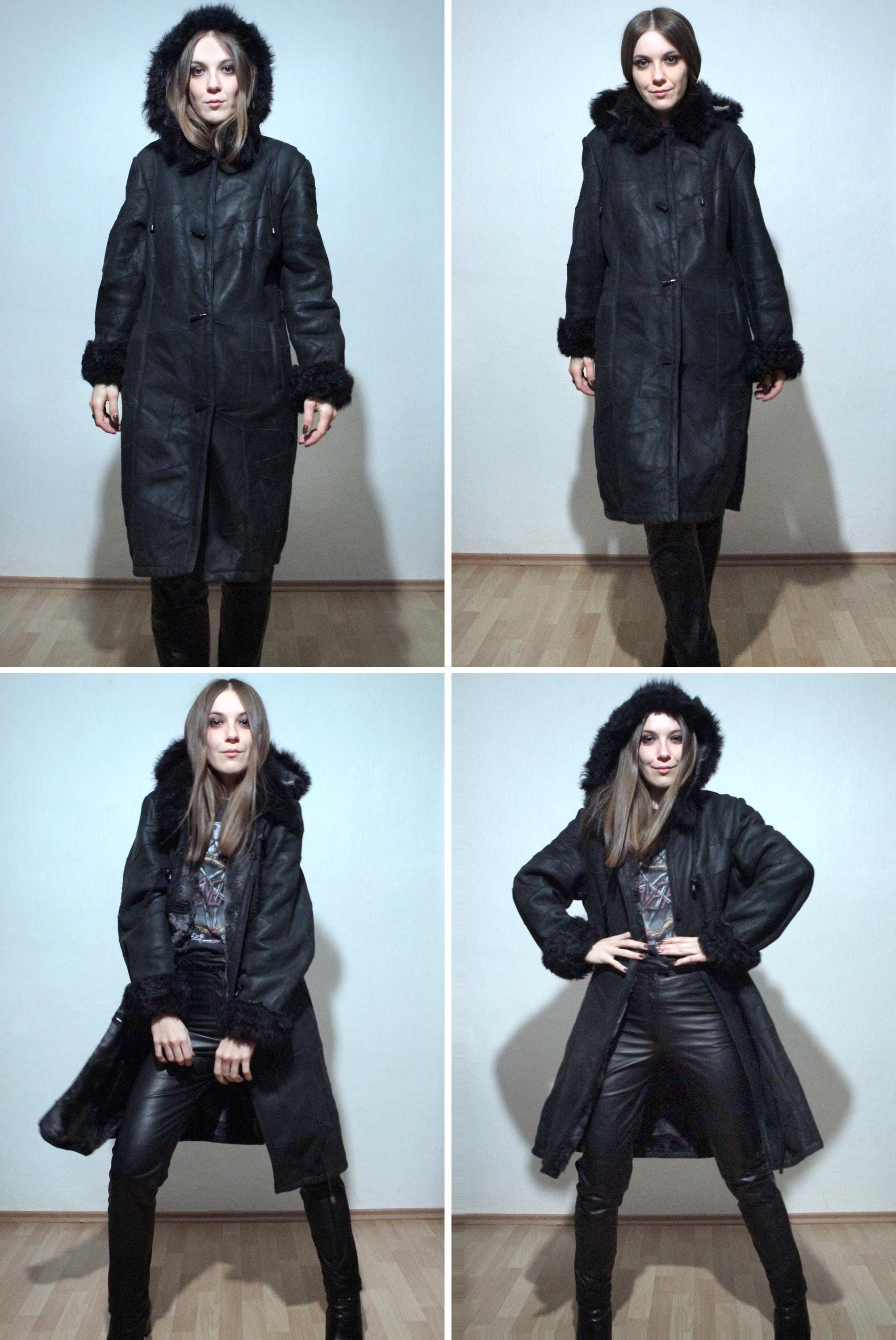 Manteau Vintage En Daim Noir Retourné - Taille 42, Réversible Fourrure, Marque T.O.P., Occasion Très Bon état