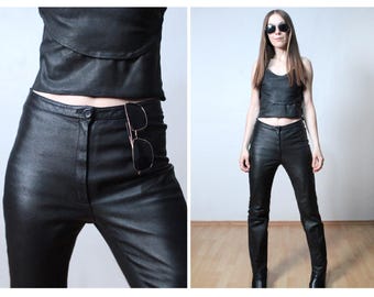 90s 2000s Black Leather Mid Rise Fitted Trousers Vintage Classic