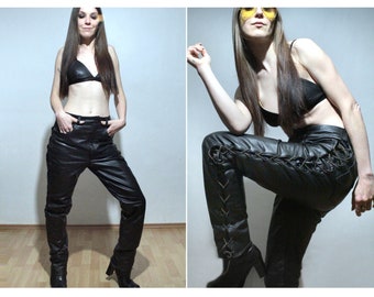 Pantalones de moto de cuero con cordones / Pantalones de cuero de cintura alta