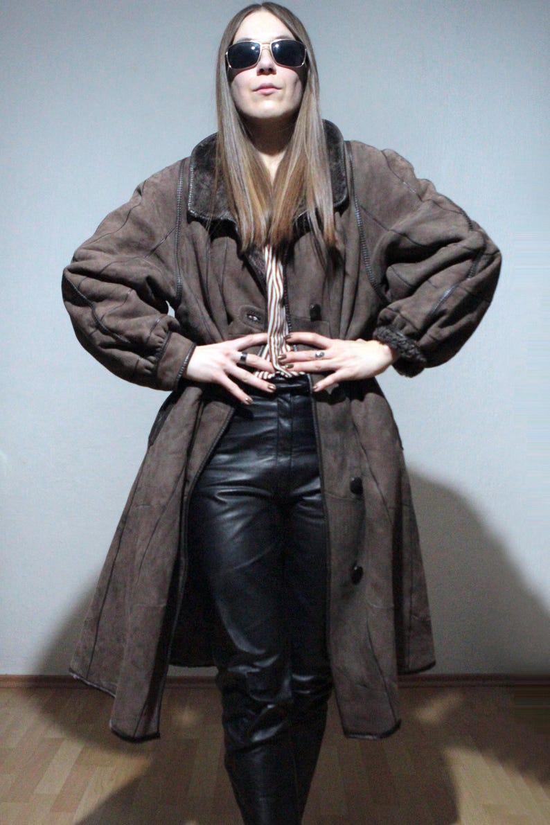 reversible brown sheepskin coat with real shearling teddy bear fur