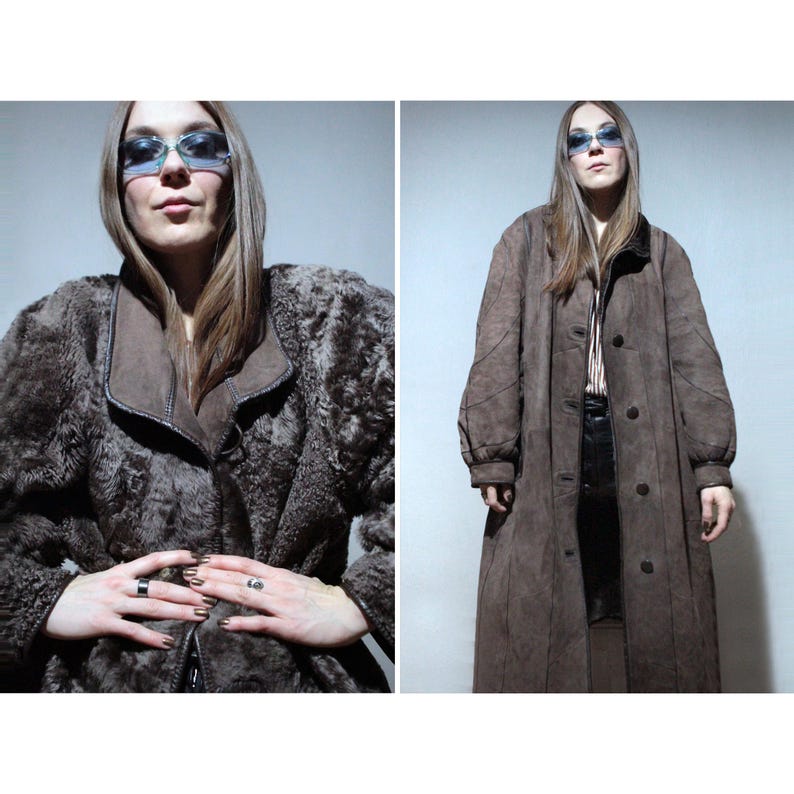 reversible brown sheepskin coat with real shearling teddy bear fur