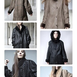 May include: A collection of long coats featuring various textures and colours, including brown and black options with chevron patterns, fur-lined collars, hoods, and button closures. These garments are displayed in multiple views and styles.