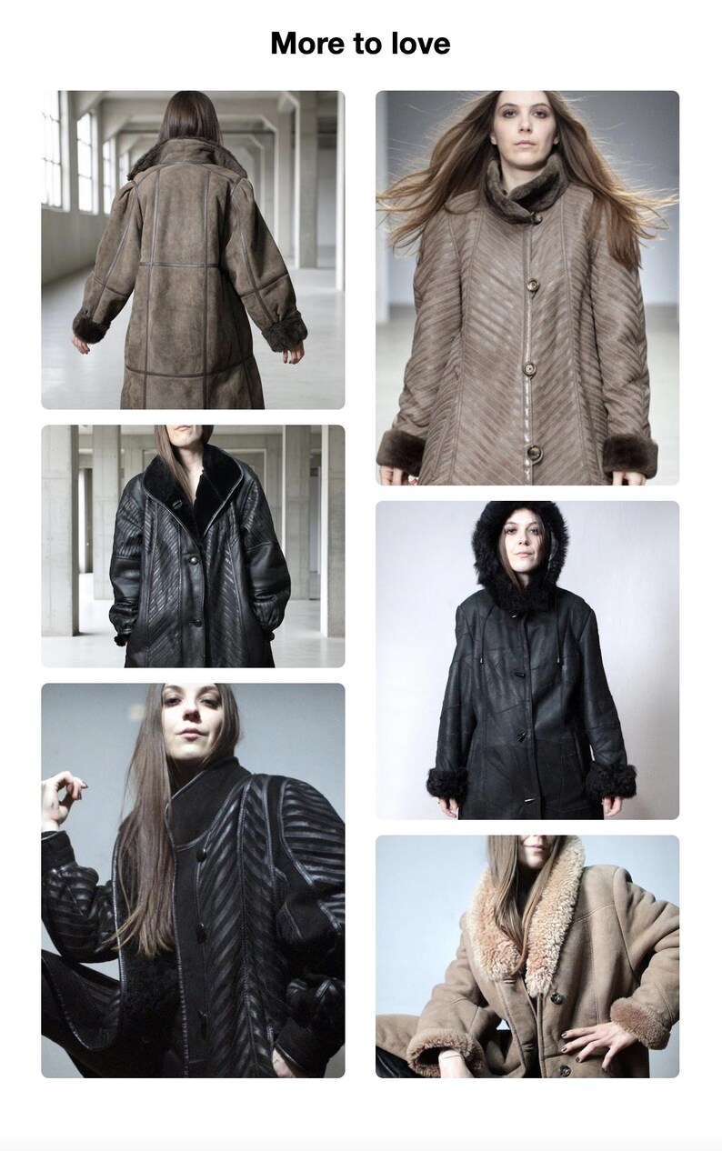 May include: A collection of long coats featuring various textures and colours, including brown and black options with chevron patterns, fur-lined collars, hoods, and button closures. These garments are displayed in multiple views and styles.