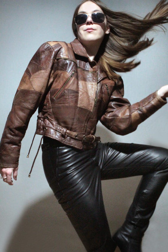 Cropped brown patchwork leather jacket / Vintage … - image 1