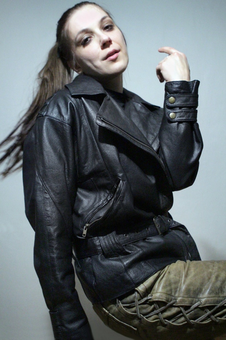 90s vintage black leather motorcycle jacket with lace up leather pants