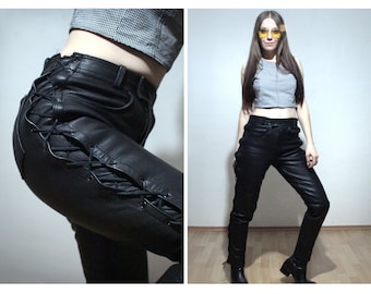 Lace up leather pants / Womens motorcycle pants / Skinny leather trousers