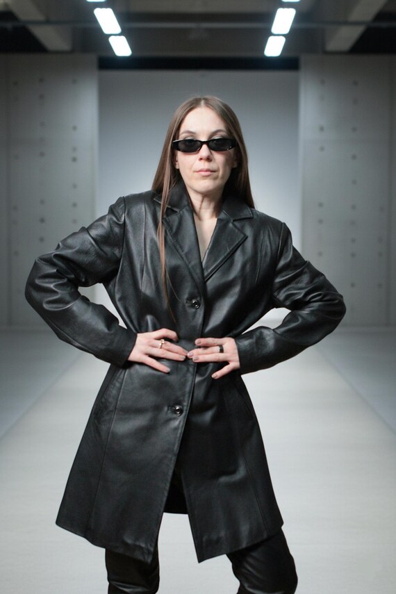 ジャケット・アウター 2000s used puff sleeve long leather coat Womens Long Leather Blazer / 2000s Vintage Black Leather Coat