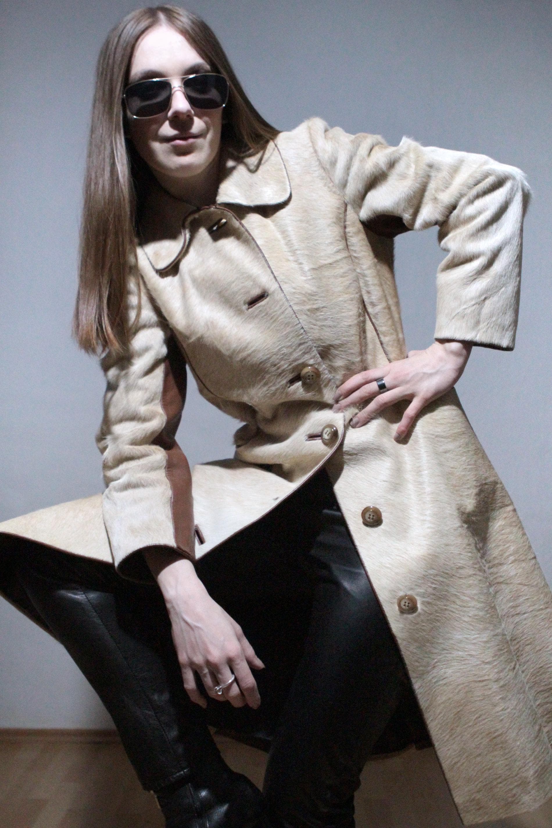Pony Hair Coat / Cowhide Leather Trench Coat / 70s Vintage Real