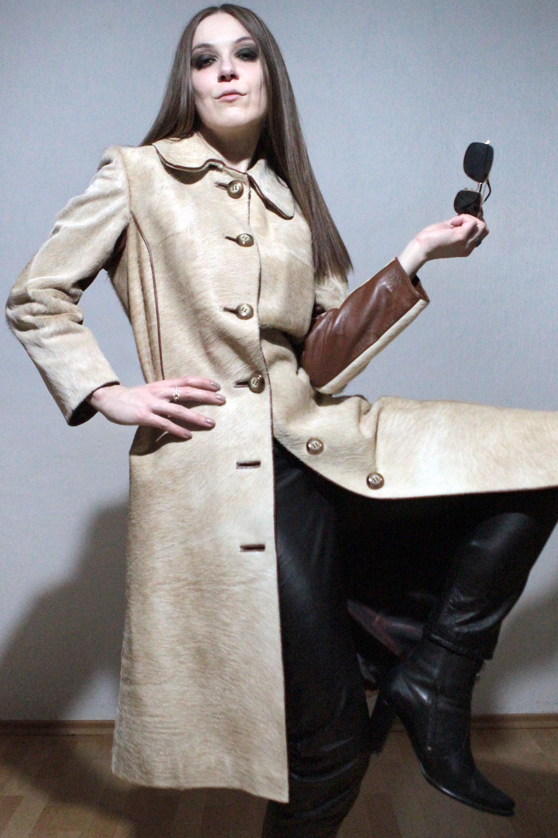 ジャケット・アウター European Vintage Pony Hair Leather Coat Pony Hair Coat / Cowhide Leather Trench Coat / 70s Vintage Real