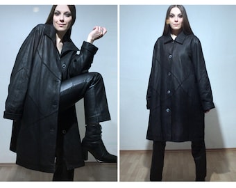 Black leather trench coat / Womens leather parka / Long suede coat