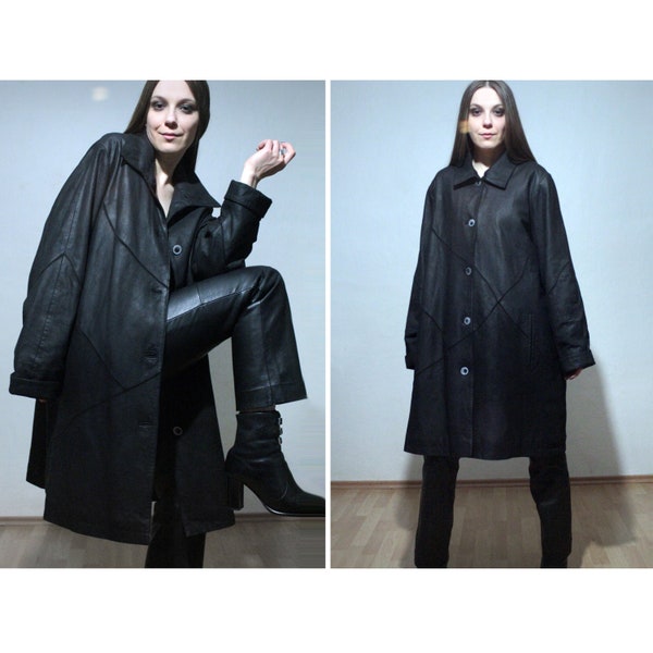 Black leather trench coat / Womens leather parka / Long suede coat