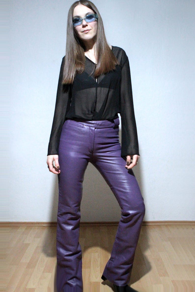 00s Purple leather pants high rise bootcut flare leather trousers