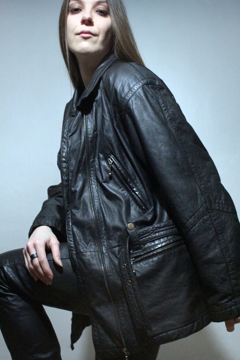90s vintage black leather parka jacket with leather belt