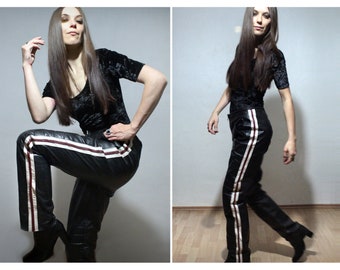 Leather pants with padded knees / Flat track racing motorcycle pants with red white leather side stripes