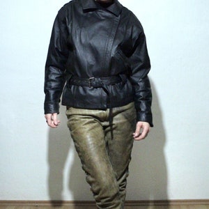 90s vintage black leather motorcycle jacket with lace up leather pants