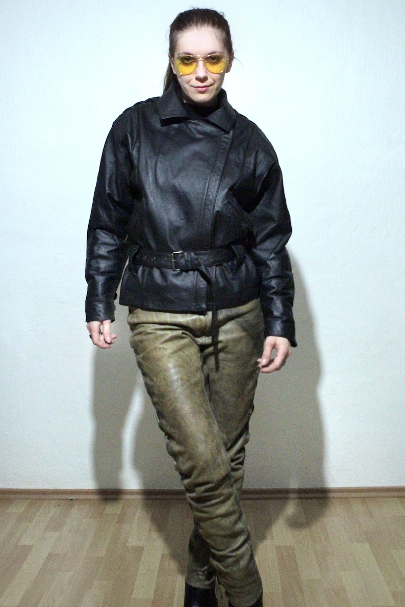 90s vintage black leather motorcycle jacket with lace up leather pants