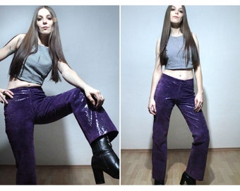 Purple suede pants / High waisted flare leather trousers with floral lace pattern