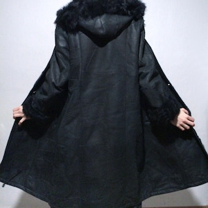 long black shearling patchwork leather coat