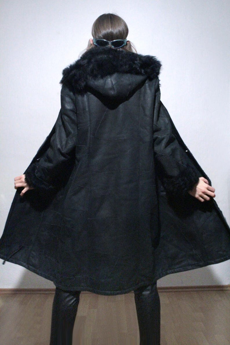long black shearling patchwork leather coat