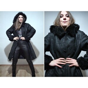 hooded sheepskin jacket long black shearling patchwork leather coat