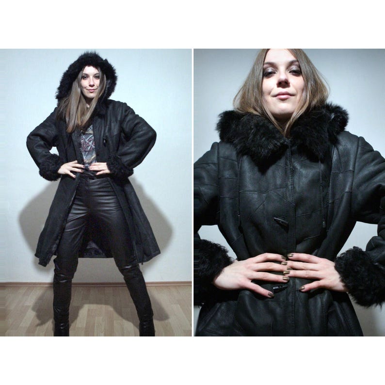 hooded sheepskin jacket long black shearling patchwork leather coat