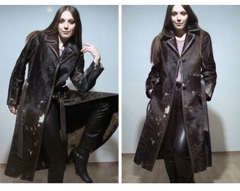 Cowhide leather trench coat / Pony hair long leather coat