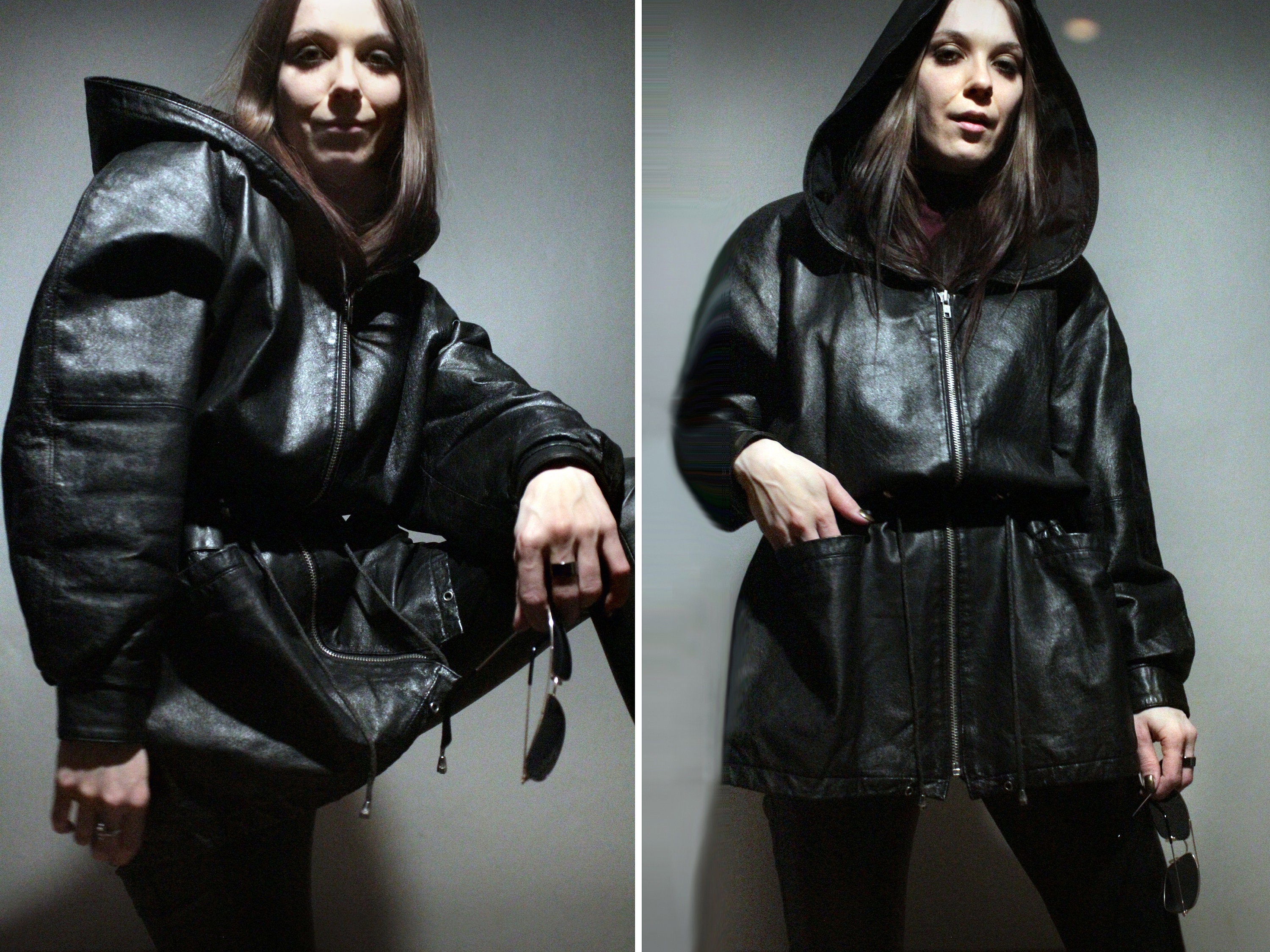 2025特集 Leather Hooded Parka Jacket Leather Black Oversized / ジャケット・アウター