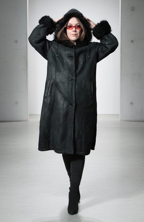 Hooded black shearling coat / Patchwork sheepskin jacket