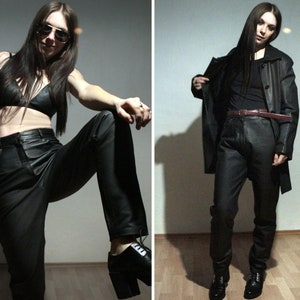 unisex black outfit with plus size leather pants and 00s vintage mens leather jacket