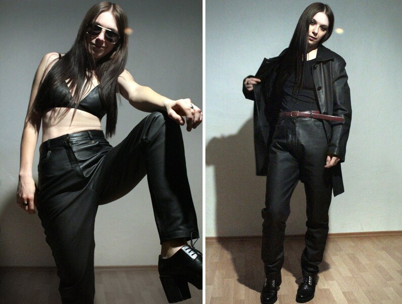 unisex black outfit with plus size leather pants and 00s vintage mens leather jacket