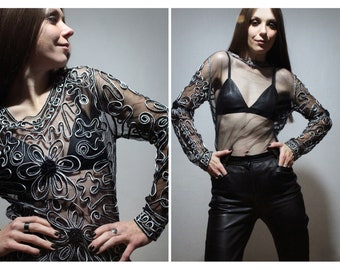Reversible sheer mesh top / Black see through top / Floral black lace top