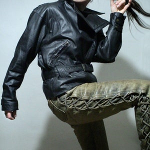 90s vintage black leather motorcycle jacket with lace up leather pants