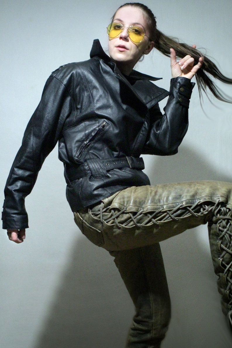 90s vintage black leather motorcycle jacket with lace up leather pants