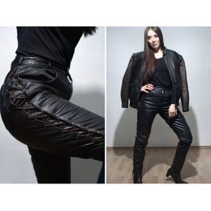 Lace up leather pants / High waisted black leather motorcycle pants
